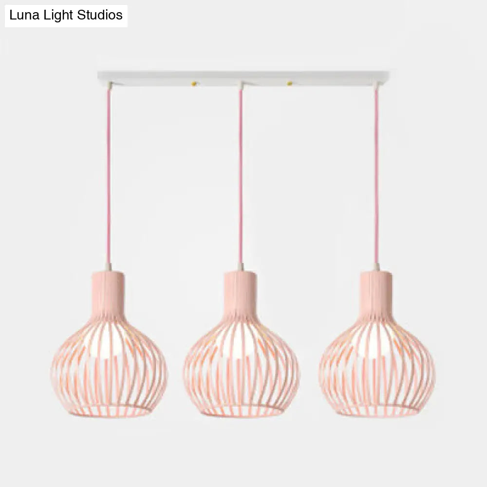 Industrial Dining Room Hanging Light With Metal Dome Shade In Grey/Pink - Set Of 3 Bulbs Pink /