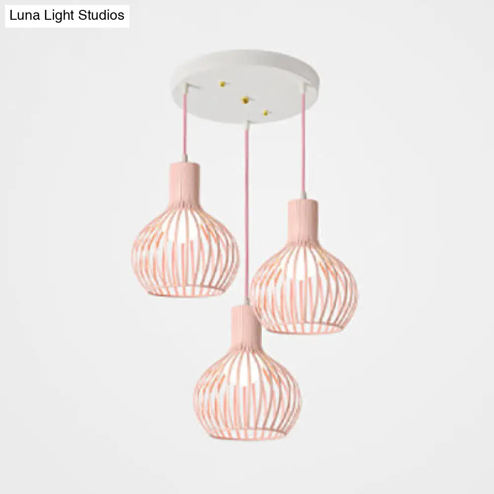 Industrial Dining Room Hanging Light With Metal Dome Shade In Grey/Pink - Set Of 3 Bulbs Pink /