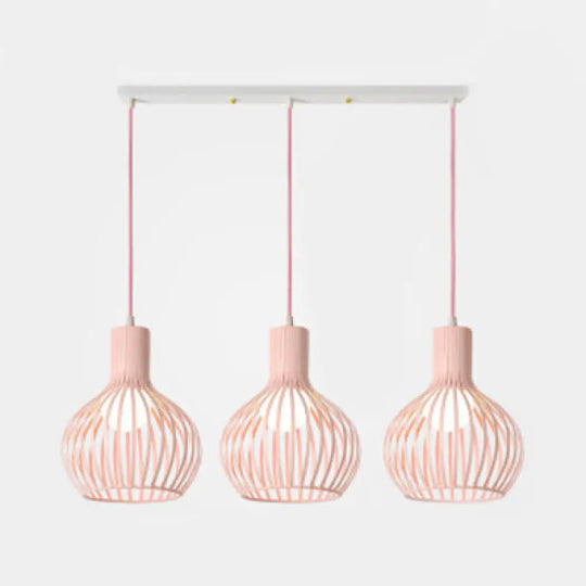 Wire Dome Shade Industrial Ceiling Light With 3 Bulbs - Grey/Pink For Dining Room Hanging Pink /