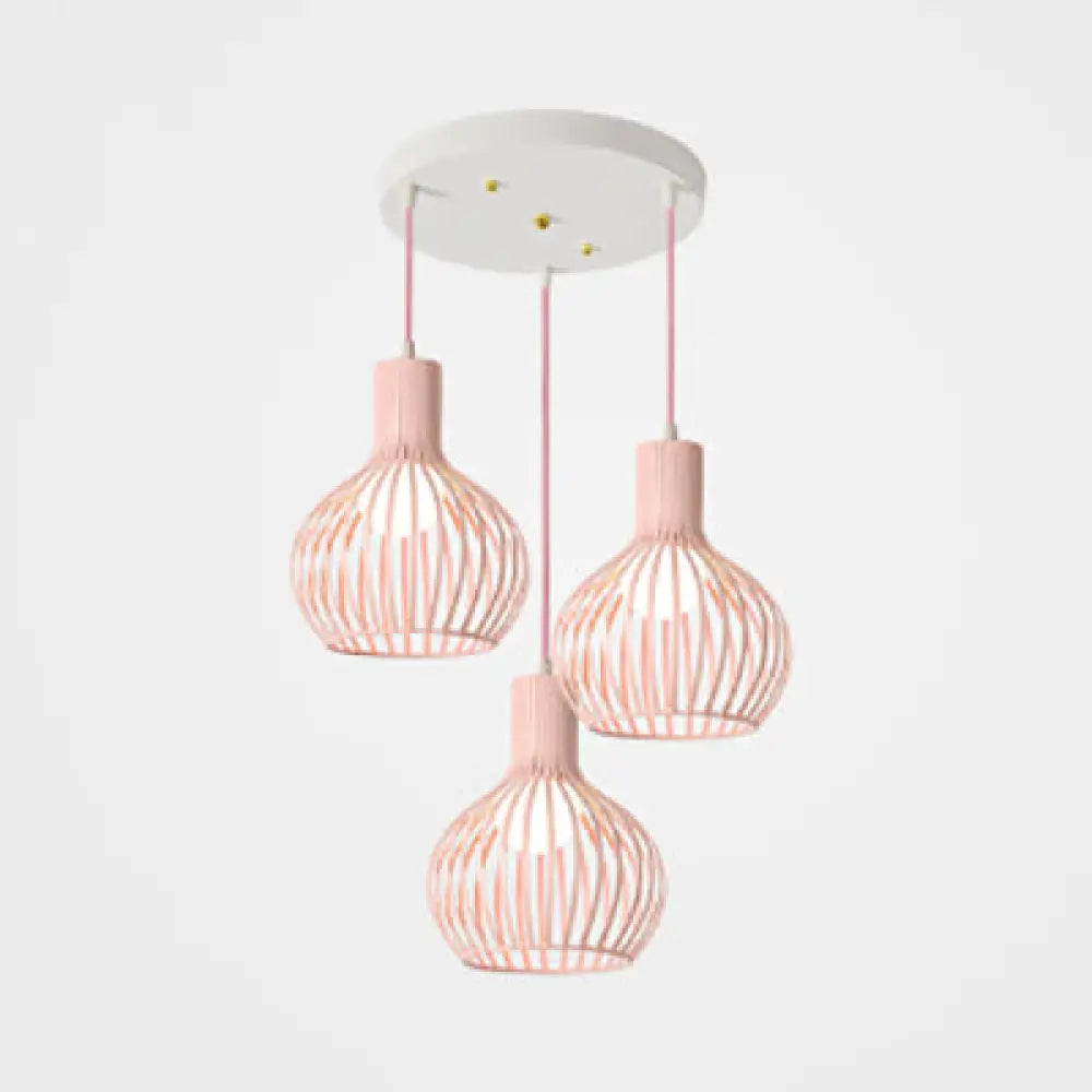 Wire Dome Shade Industrial Ceiling Light With 3 Bulbs - Grey/Pink For Dining Room Hanging Pink /