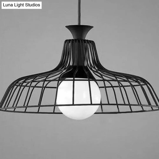 Wire Frame Ceiling Pendant Lamp With Industrial Barn Shade For Restaurants - Black/White Black / A