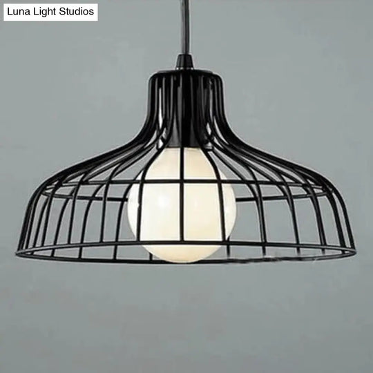 Wire Frame Ceiling Pendant Lamp With Industrial Barn Shade For Restaurants - Black/White Black / B