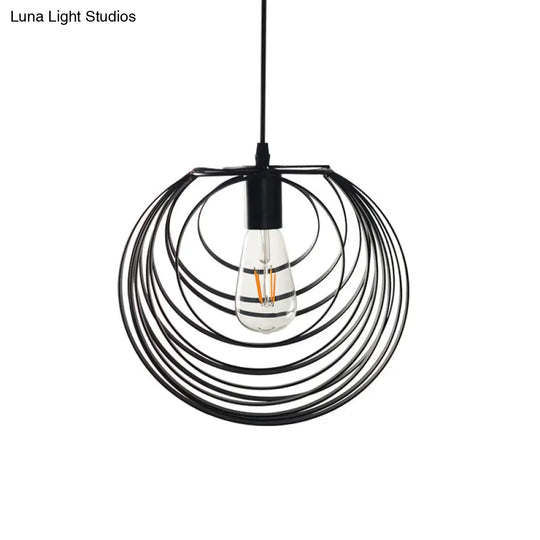 Wire Frame Industrial Pendant Light - Minimalist Black Metal Hanging Lamp For Living Room