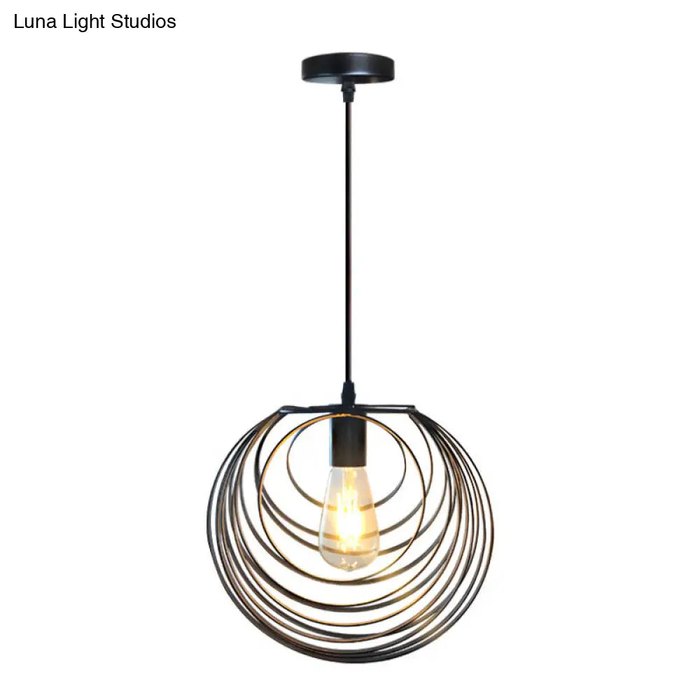 Industrial Black Metal Pendant Light With Wire Frame - 1 Head Circles Hanging For Living Room