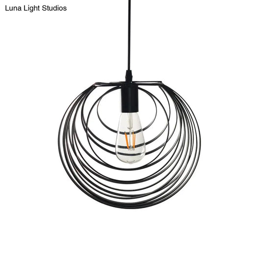 Industrial Black Metal Pendant Light With Wire Frame - 1 Head Circles Hanging For Living Room