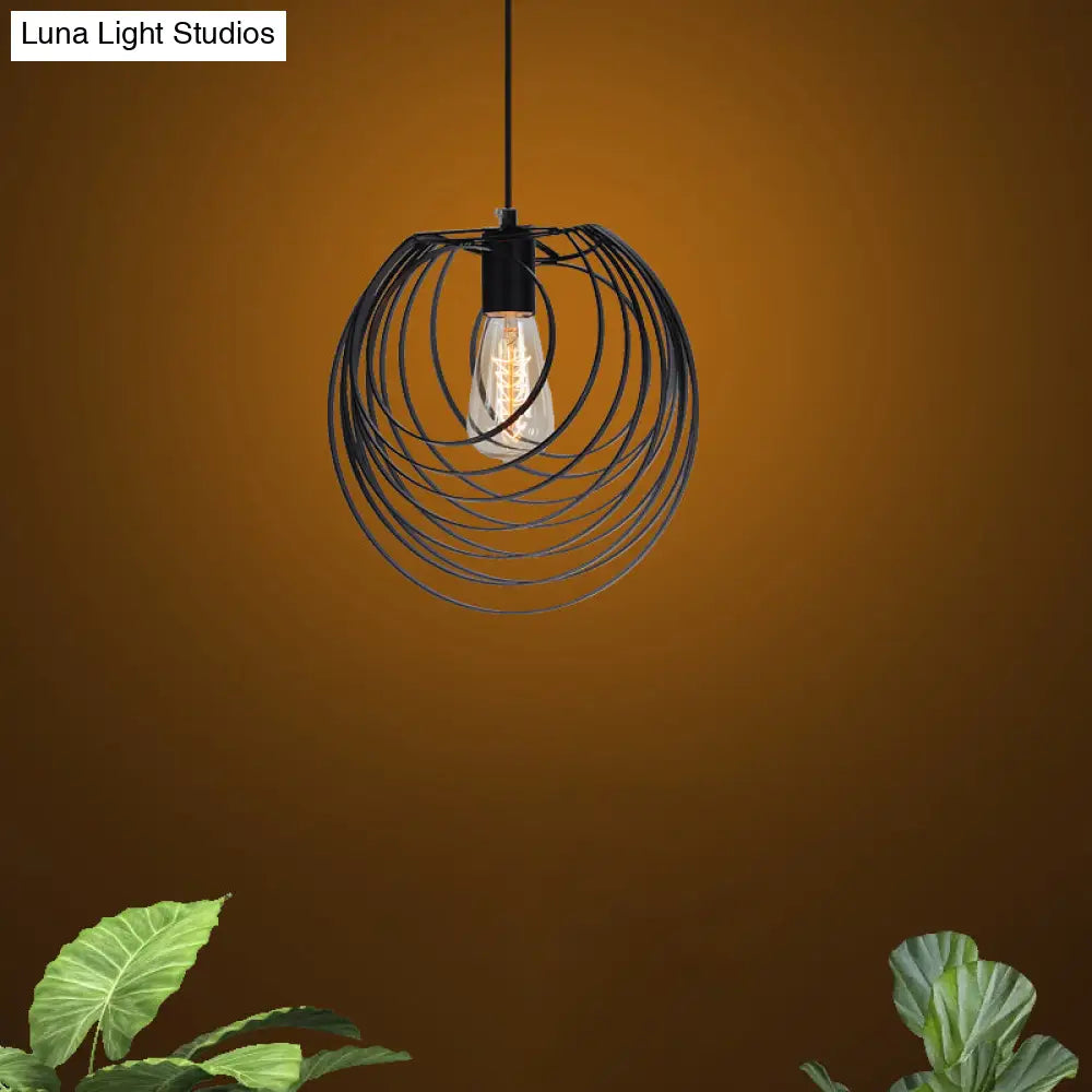 Wire Frame Industrial Pendant Light - Minimalist Black Metal Hanging Lamp For Living Room