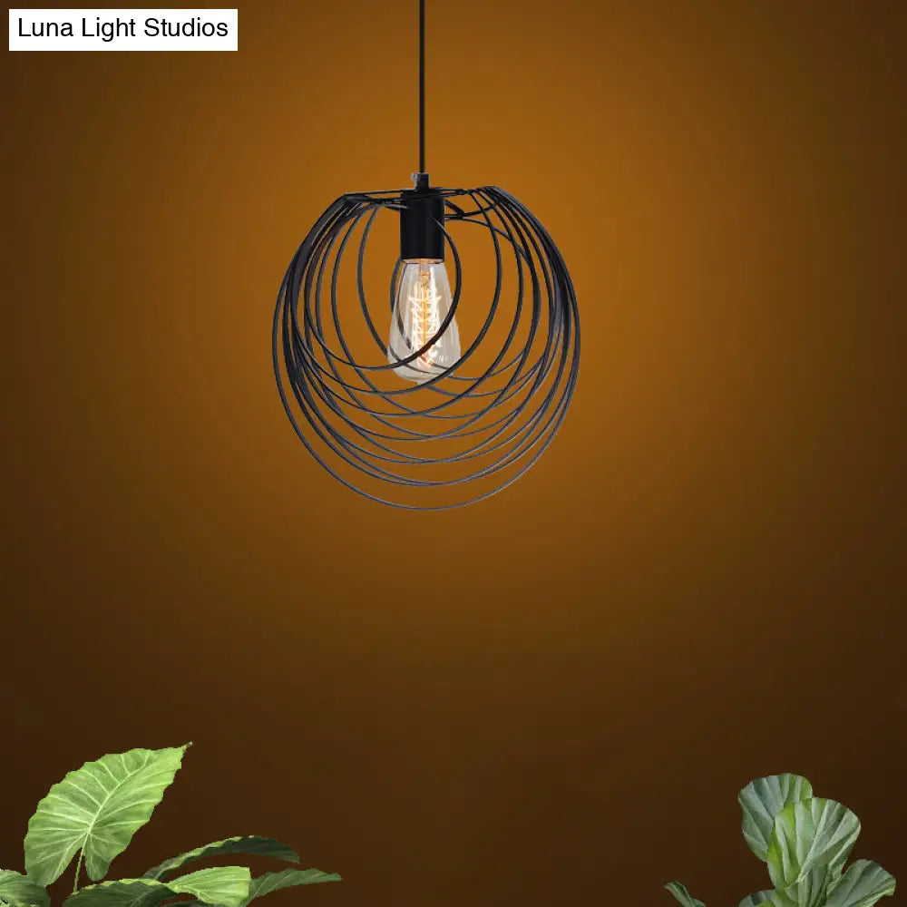 Industrial Black Metal Pendant Light With Wire Frame - 1 Head Circles Hanging For Living Room