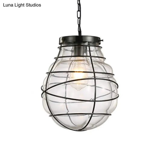 Wire Frame Pendant Lamp - Industrial Style Ceiling Fixture 8.5/9/11 W 1 Light Clear Glass & Metal