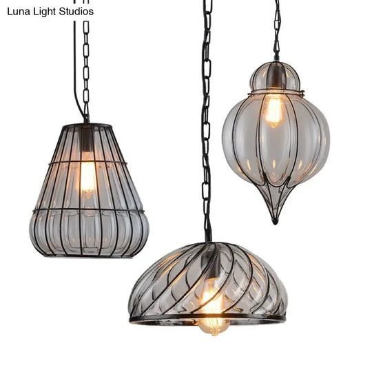 Wire Frame Pendant Lamp - Industrial Style Ceiling Fixture 8.5/9/11 W 1 Light Clear Glass & Metal