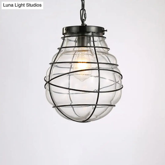 Wire Frame Pendant Lamp - Industrial Style Ceiling Fixture 8.5/9/11 W 1 Light Clear Glass & Metal