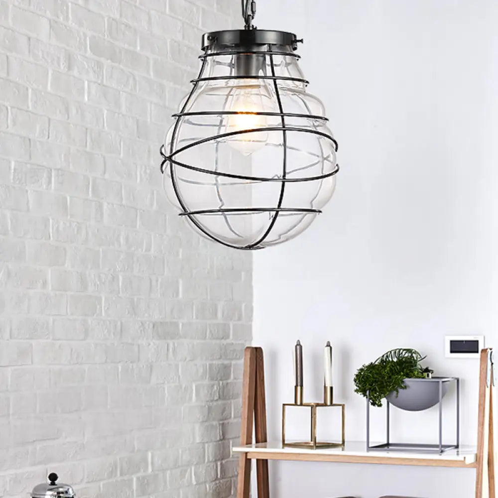 Wire Frame Pendant Lamp - Industrial Style Ceiling Fixture 8.5/9/11 W 1 Light Clear Glass & Metal