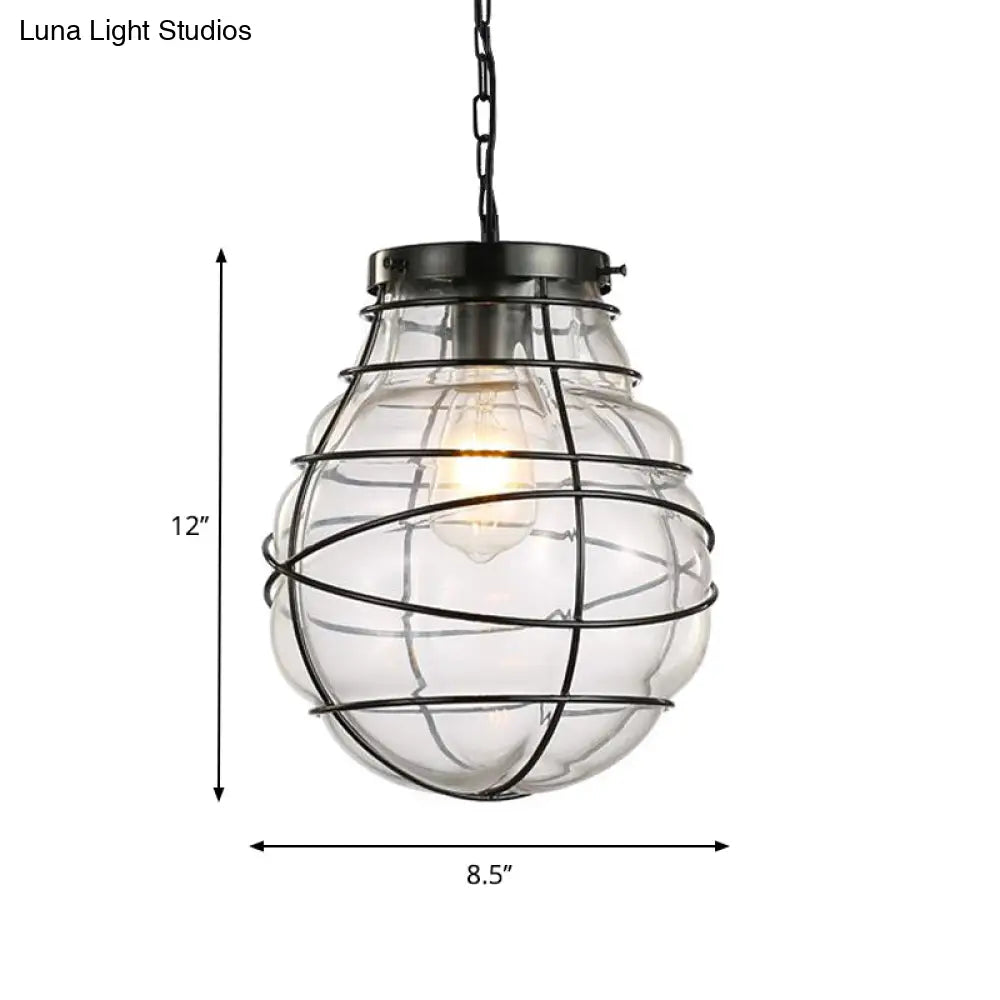 Wire Frame Pendant Lamp - Industrial Style Ceiling Fixture 8.5/9/11 W 1 Light Clear Glass & Metal