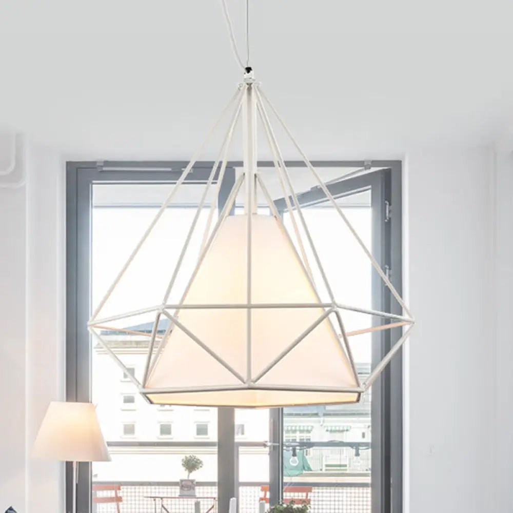 Wire Frame Pendant Light With Fabric Shade - Loft White Metal Ceiling Lighting For Coffee Shop