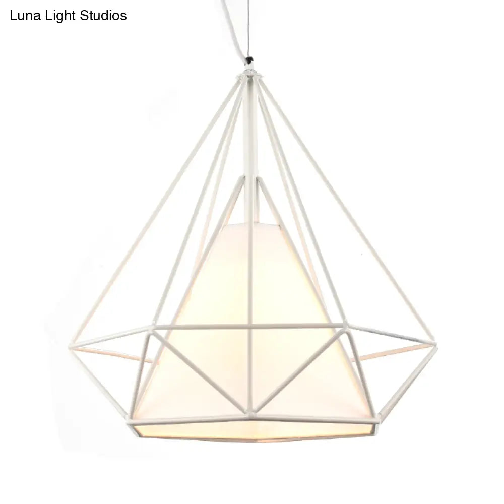 Wire Frame Pendant Light With Fabric Shade - Loft White Metal Ceiling Lighting For Coffee Shop