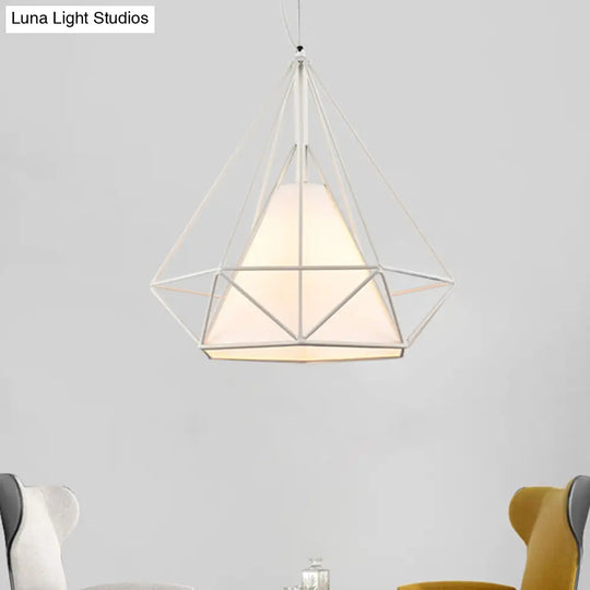 Wire Frame Pendant Light With Fabric Shade - Loft White Metal Ceiling Lighting For Coffee Shop