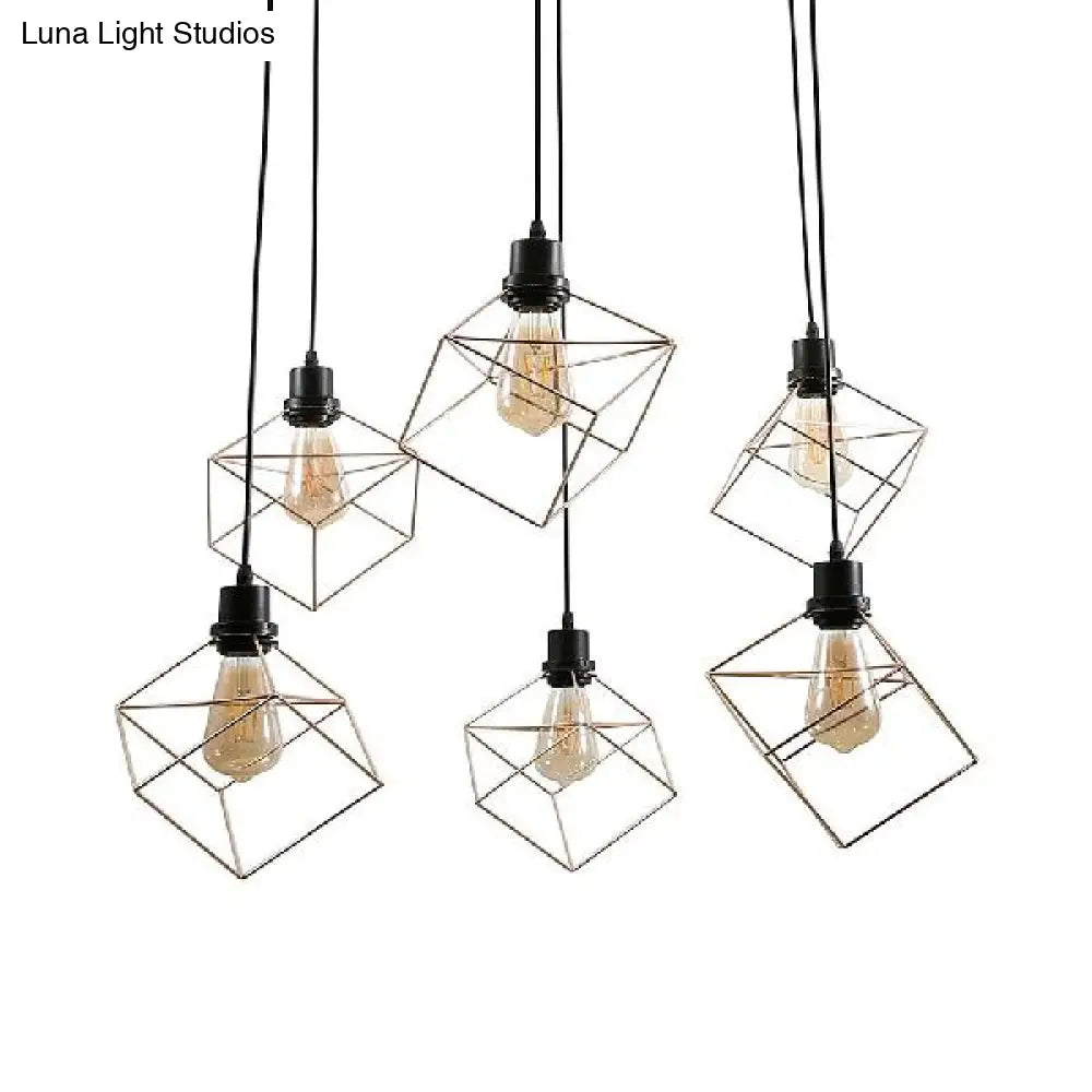 Wire Frame Vintage Style Metal Geometric Suspension Light - 4/6 Lights Dining Room Hanging Lamp