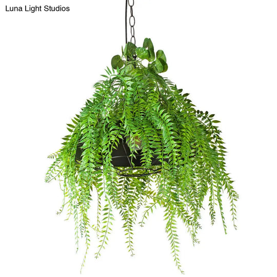 Wire Guard Drop Pendant Light With Artificial Green Plant - Iron Hanging Ceiling In Black