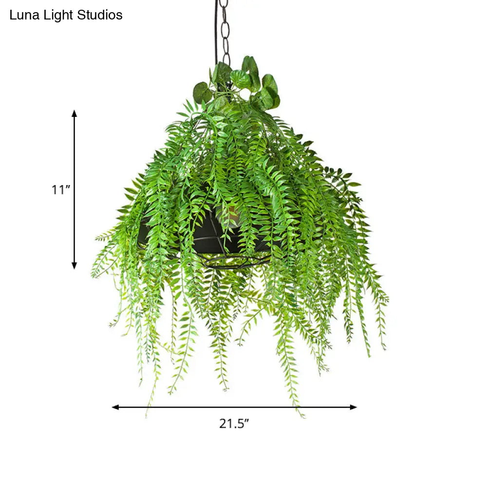 Wire Guard Drop Pendant Ceiling Light With Artificial Green Plant - Black Iron Finish