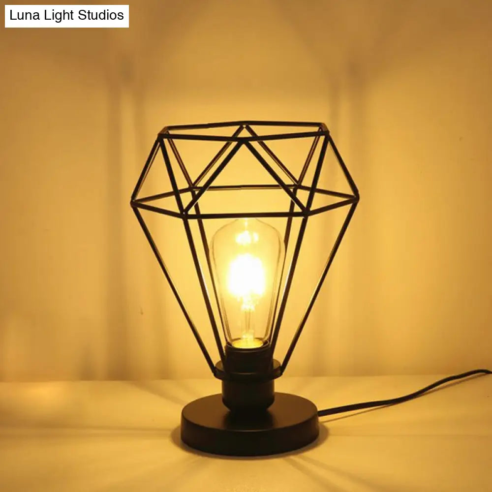 Wire Guard Table Lamp With Diamond Shade - Industrial Style Metallic Lighting In Black