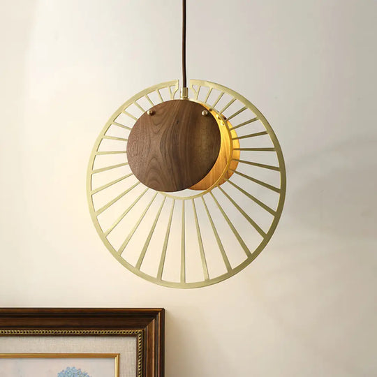 Wire Hat Pendant Light With Wood Clamp Lampshade - Modern Army Green Design