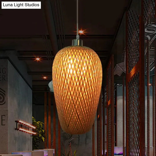 Restaurant Pendant Light Kit: Traditional Wood Hanging Lamp With Bamboo Shade