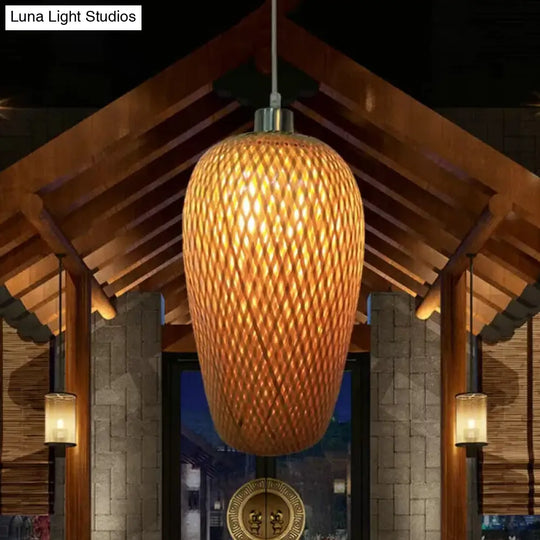 Restaurant Pendant Light Kit: Traditional Wood Hanging Lamp With Bamboo Shade