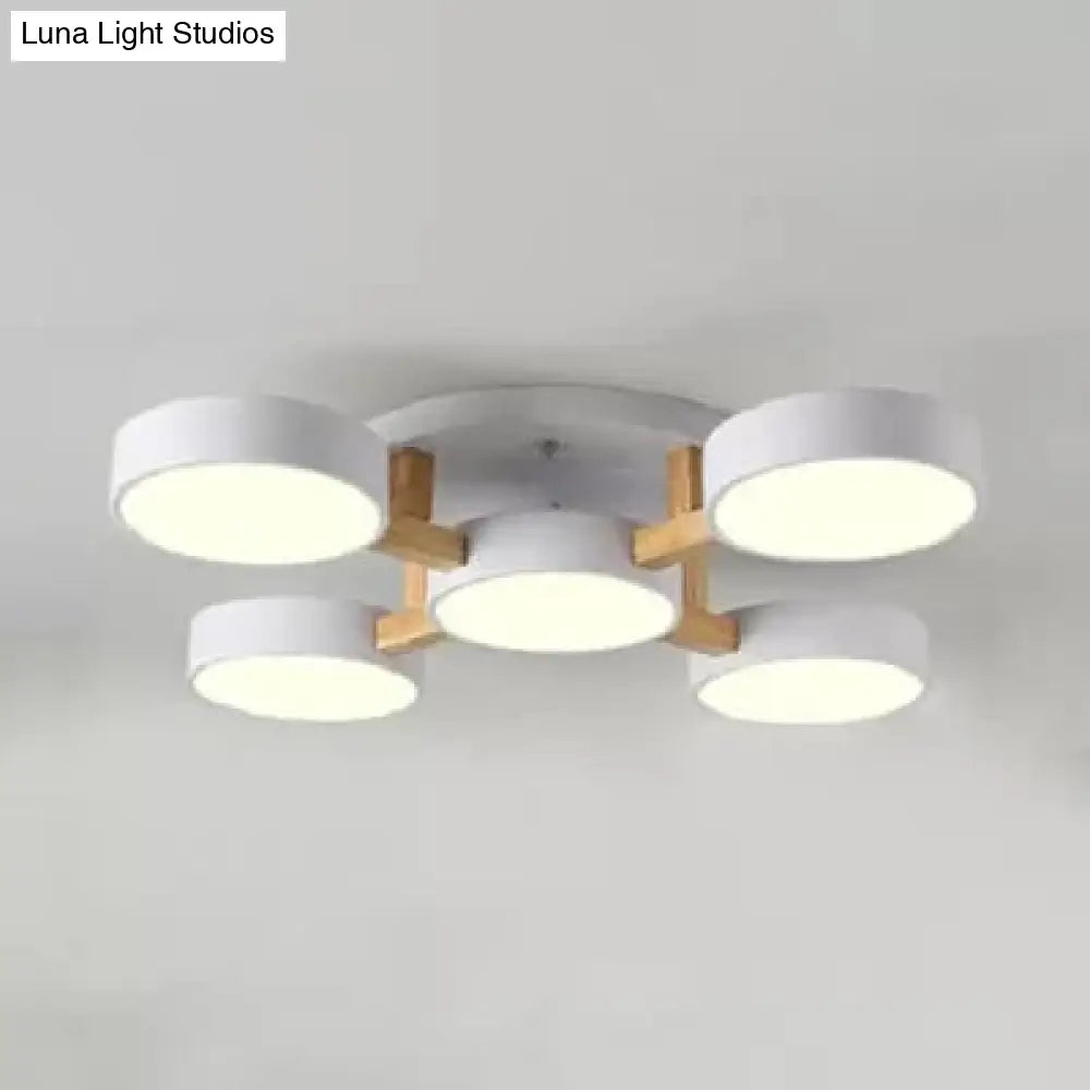 Wood And Metal Drum Ceiling Light - 5 Head Macaron Design For Living Room Semi Flush Mount Loft