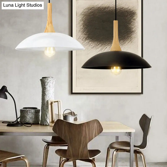 Modernism Style Bowl Pendant Light - Wood And Metal 12.5/16 Wide Black/White Perfect For Table