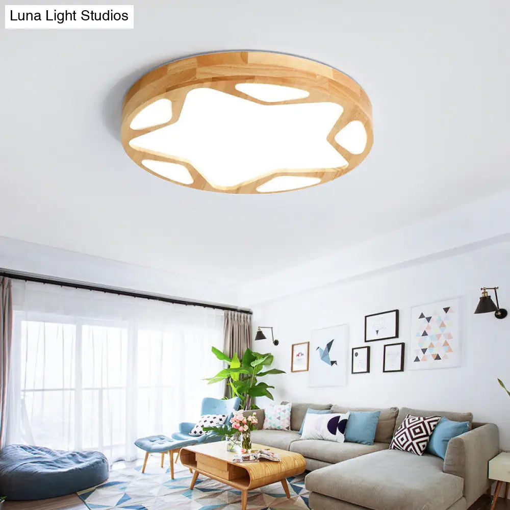 Wood Art Deco Led Flush Ceiling Light - Star Living Room Fixture In Beige / 16 Warm