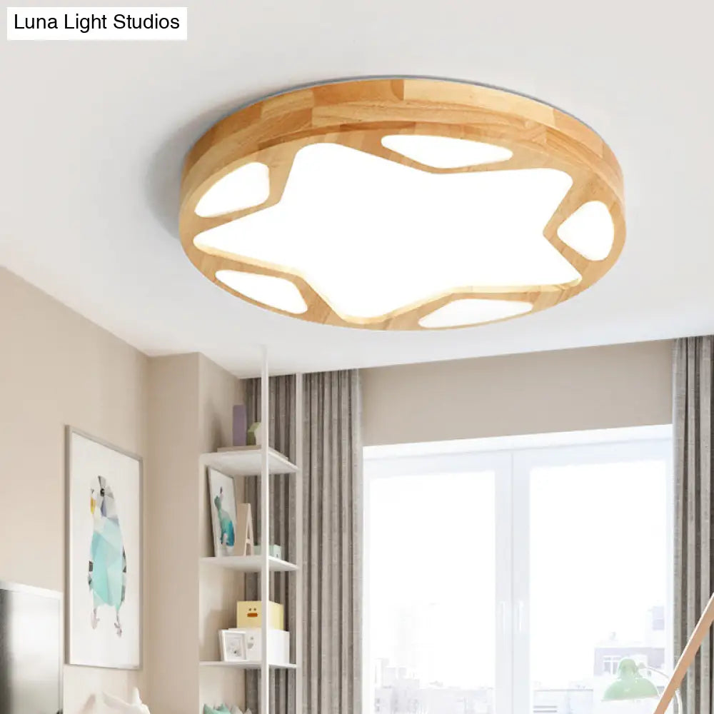 Wood Art Deco Led Flush Ceiling Light - Star Living Room Fixture In Beige