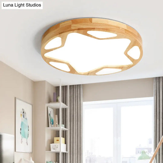 Wood Art Deco Led Flush Ceiling Light - Star Living Room Fixture In Beige