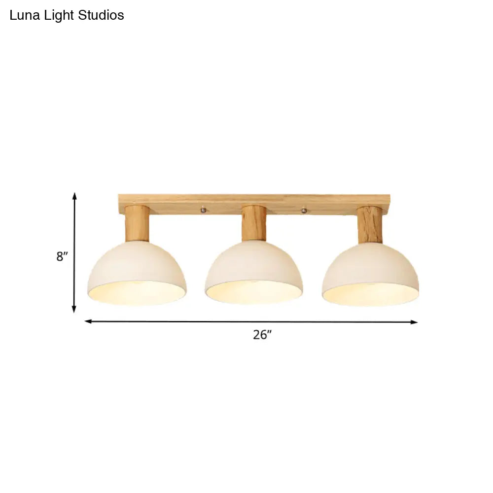 Wood Ceiling Mounted Lamp With Modern White Glass And Domed Semi Flush Lighting - 3 Heads & Linear