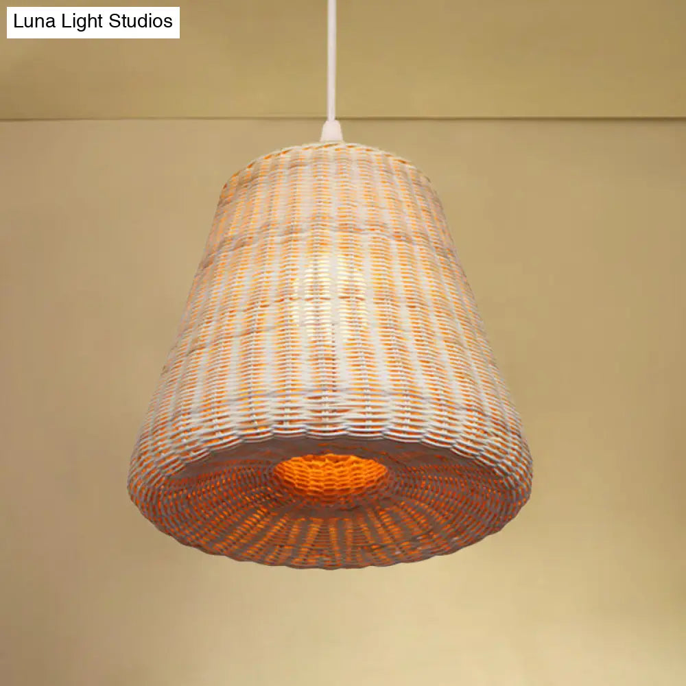 Wood Cone Pendant Lamp With Bamboo Shade - Traditional 1 Bulb Hanging Light Fixture