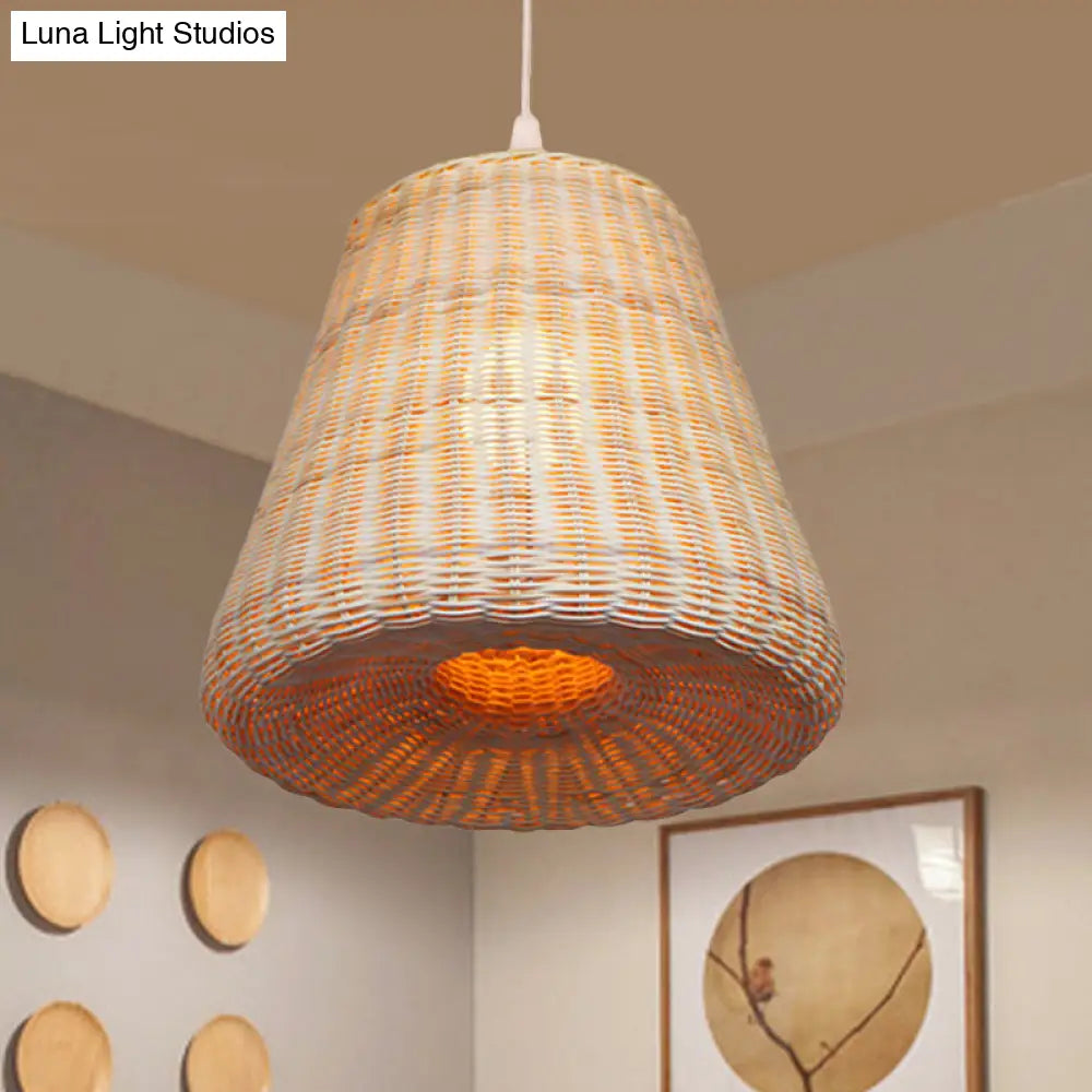 Wood Cone Pendant Lamp With Bamboo Shade - Traditional 1 Bulb Hanging Light Fixture