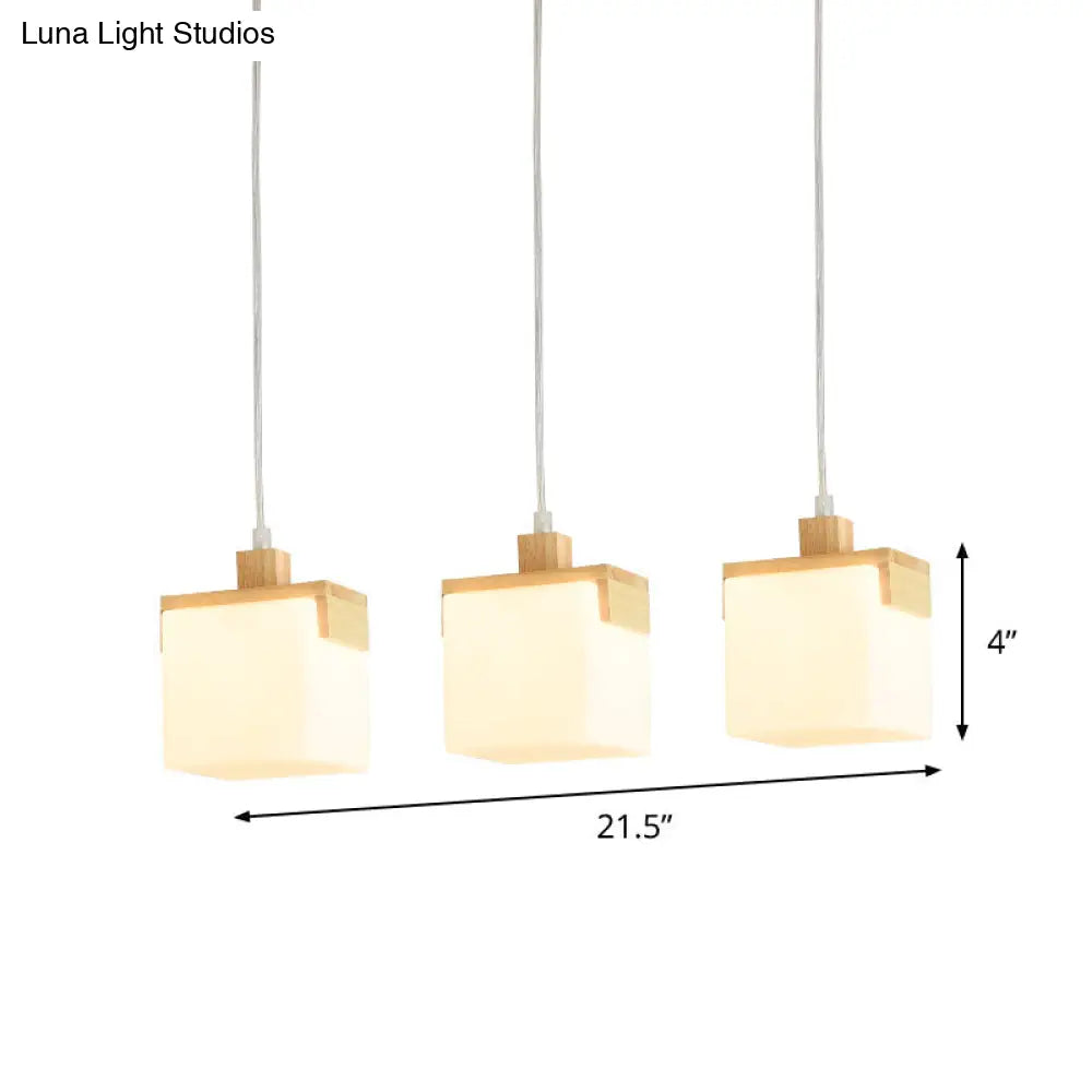 Modern 3-Head Wooden Cube Pendant Light With Led White Glass Shade