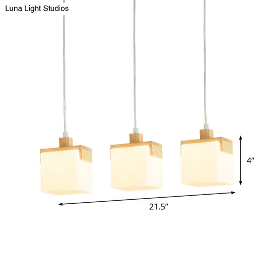 Wood Cube Led Pendant Light With Modernist Design 3 Heads White Glass Shade