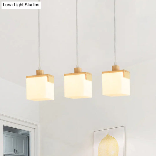 Modern 3-Head Wooden Cube Pendant Light With Led White Glass Shade