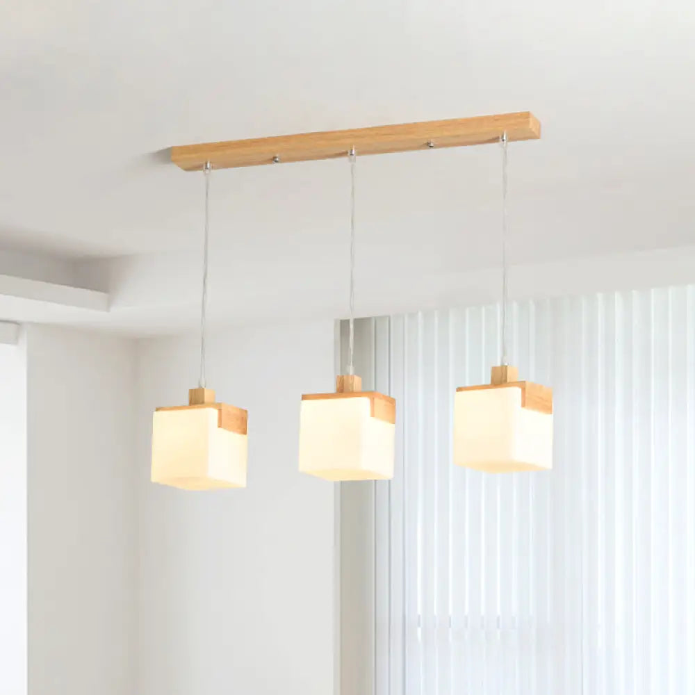 Wood Cube Led Pendant Light With Modernist Design 3 Heads White Glass Shade