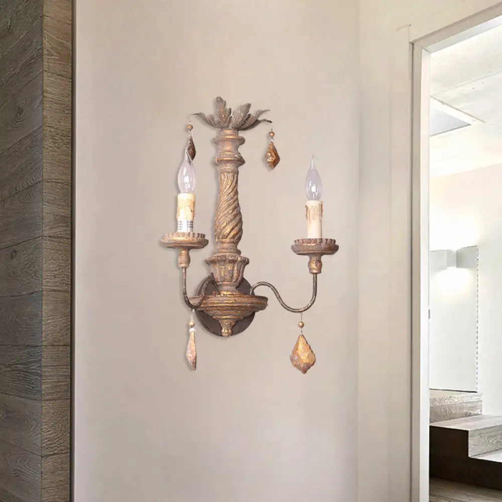 Wood Drop Rustic Grey Wall Sconce Light: 2-Light Candle-Shaped Hallway