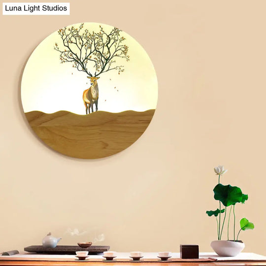 Wood Elk Deer And Tree Pattern Led Bedside Wall Lamp - Minimalist Style With Metal Shade