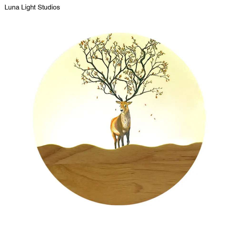 Wood Elk Deer And Tree Pattern Led Bedside Wall Lamp - Minimalist Style With Metal Shade