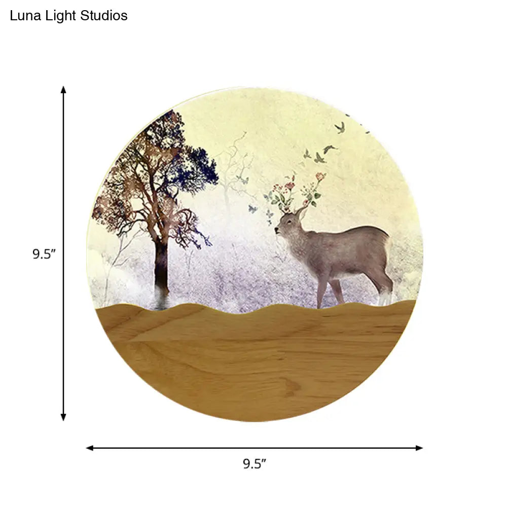 Wood Elk Deer And Tree Pattern Led Bedside Wall Lamp - Minimalist Style With Metal Shade