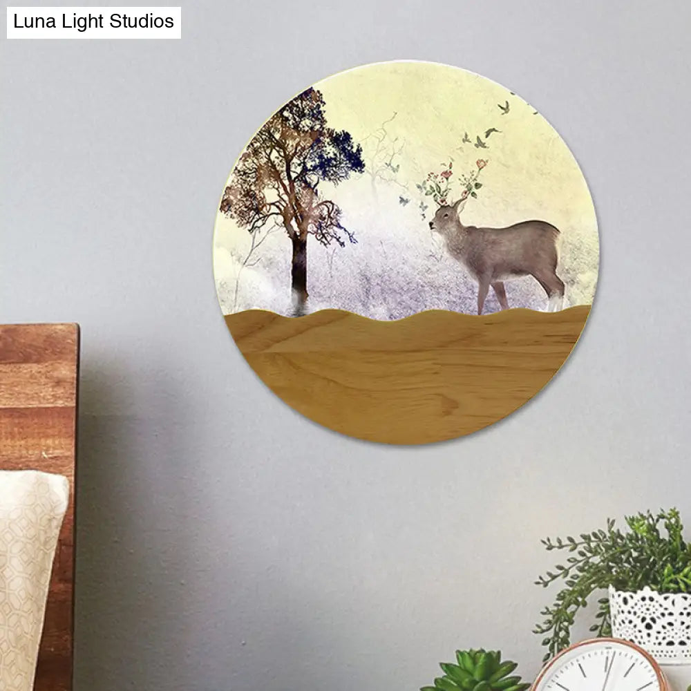 Wood Elk Deer And Tree Pattern Led Bedside Wall Lamp - Minimalist Style With Metal Shade