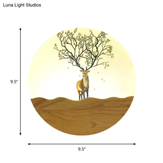 Wood Elk Deer And Tree Pattern Led Bedside Wall Lamp - Minimalist Style With Metal Shade