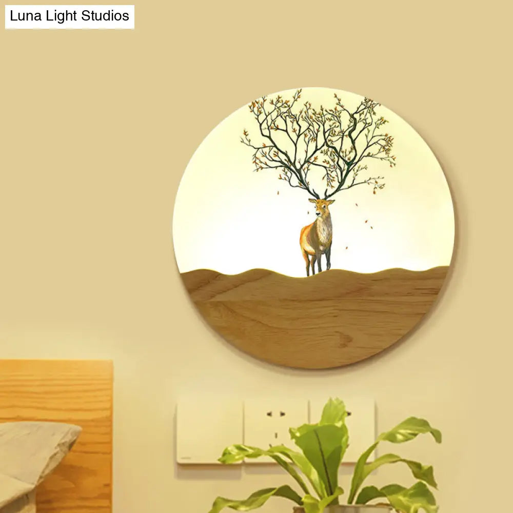 Wood Elk Deer And Tree Pattern Led Bedside Wall Lamp - Minimalist Style With Metal Shade