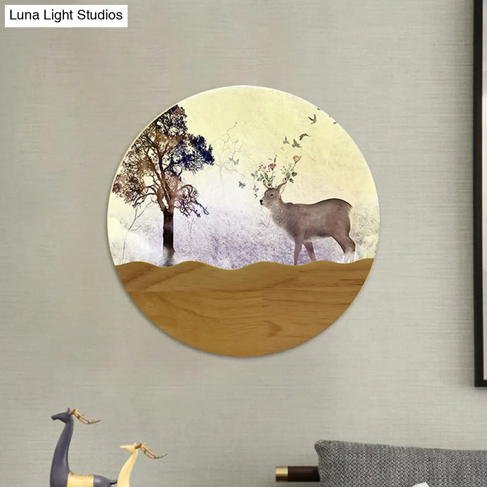 Wood Elk Deer And Tree Pattern Led Bedside Wall Lamp - Minimalist Style With Metal Shade