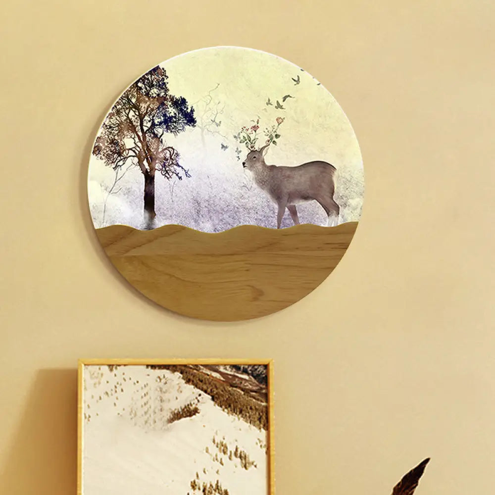 Wood Elk Deer And Tree Pattern Led Bedside Wall Lamp - Minimalist Style With Metal Shade / B