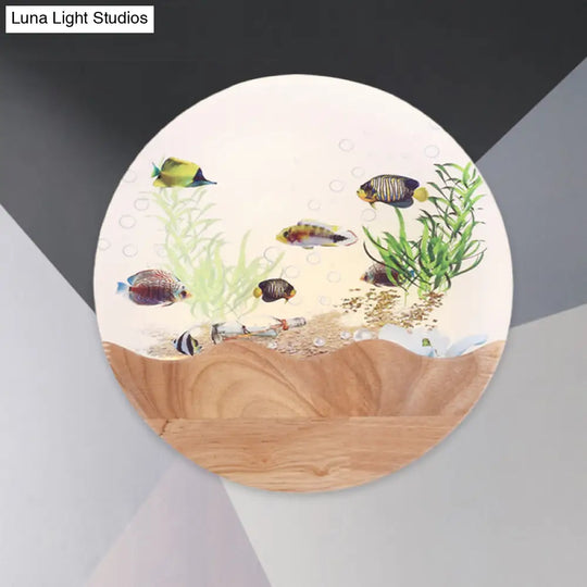 Wood Fish Led Bedside Wall Lamp With Undersea Plants Mural Light - Asian-Inspired Design & Circular