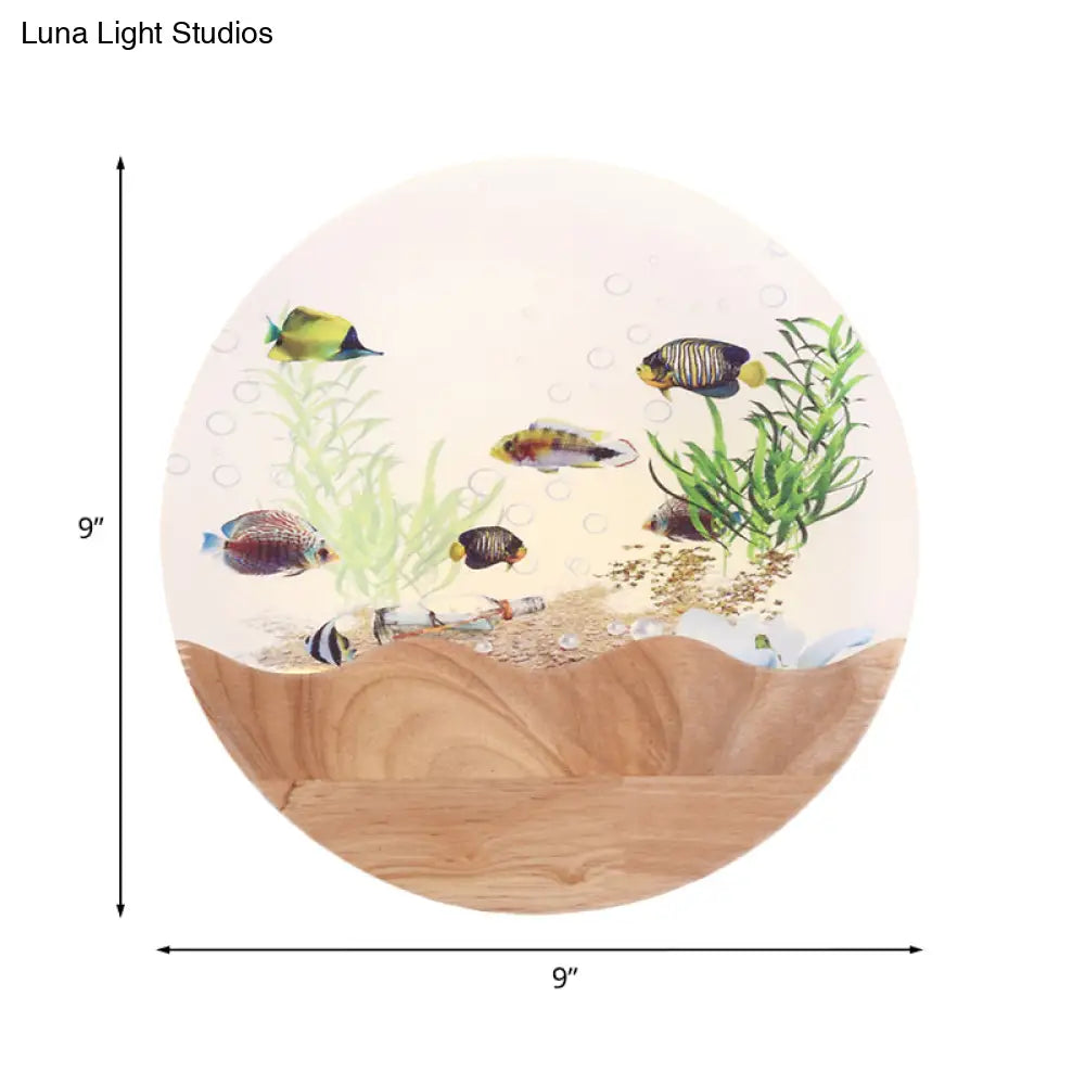 Wood Fish Led Bedside Wall Lamp With Undersea Plants Mural Light - Asian-Inspired Design & Circular