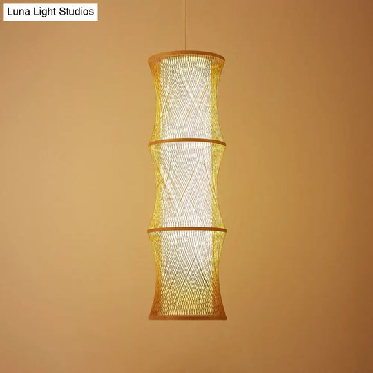 Wood Fish Trap Pendant Lamp With Rattan Shade - Asian 1-Light Ceiling Lighting